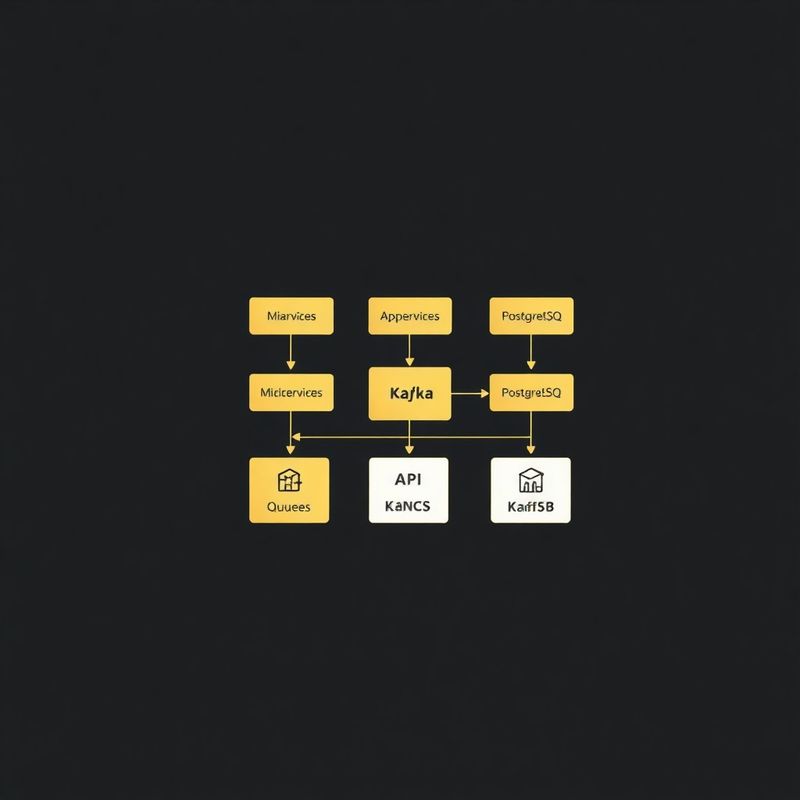 Diagrama de arquitetura técnica em fundo carvão, com nós dourados e brancos representando microsserviços, Kafka, gateway de API e PostgreSQL