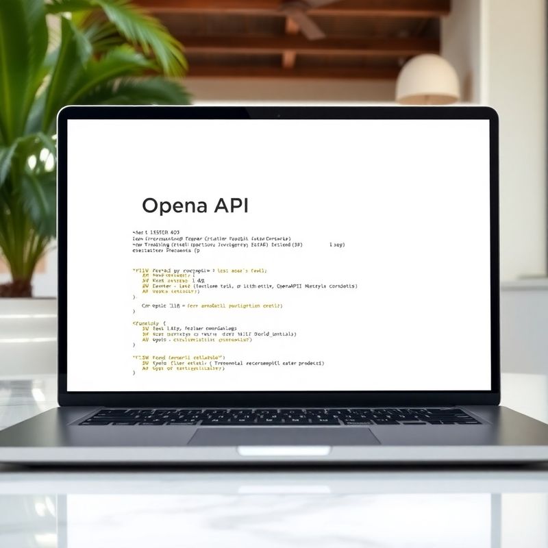 Interface de documentação para desenvolvedores em laptop, com tipografia em carvão e destaques de código em dourado