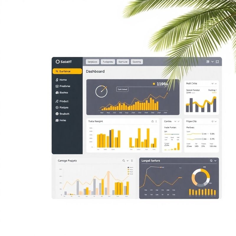 Dashboard SaaS com navegação lateral em carvão e destaques dourados, gráficos e KPIs