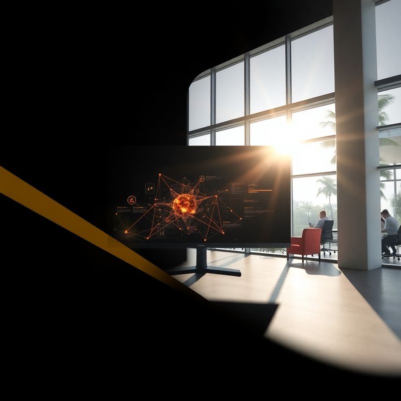 Interface digital brilhante em um monitor amplo, com luz equatorial entrando pelas janelas de um escritório em Recife