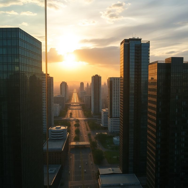Skyline de Recife visto de um escritório em hora dourada, com edifícios modernistas refletindo o sol equatorial