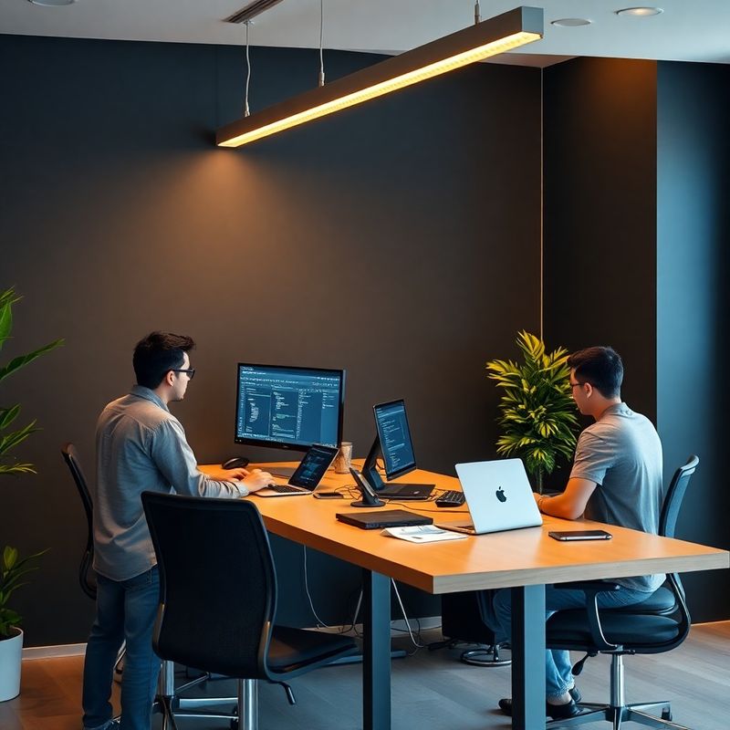 Equipe de tecnologia colaborando em torno de uma mesa com laptops e monitores duplos
