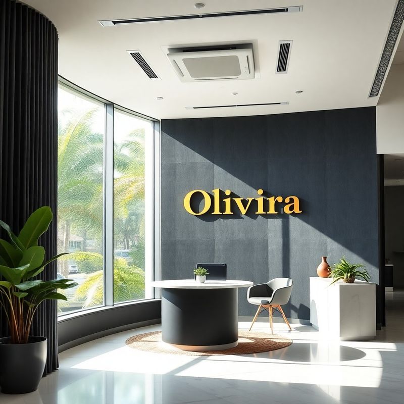 Recepção do escritório do Grupo Oliveira em Recife, com parede de carvão e wordmark dourado
