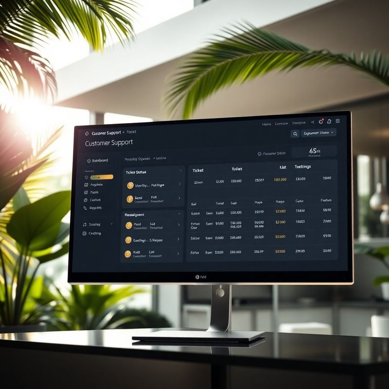 Dashboard de tickets de suporte em monitor widescreen, com tema escuro e badges dourados de status